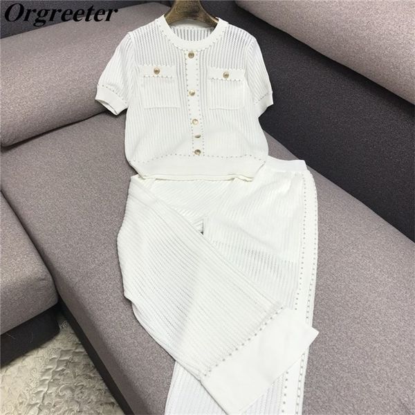 temperament wide leg pants suit female summer metal buckle hollow short-sleeved sweater wide leg pants two-piece set 210302, White